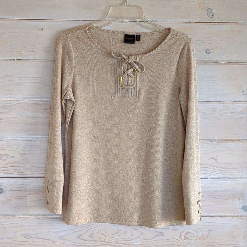 Rafaella Retro Knit Top Beige Lace Up Collar & Sleeves Gold Eyelets 70s Vibe EUC